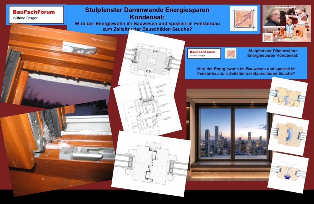 Bauschäden und Konstruktionsfehler am Stulpfenster im hochgedämmten Massivholzbau – Eine bauphysikalische Dokumentation des BauFachForums zum Thema Dämmwahn und Kondensatbildung. Eine Fach-Collage zum Thema Bauschäden an Fensterkonstruktionen zeigt im direkten Vergleich ein zweiflügeliges Stulpfenster aus Holz im eingebauten Zustand, reale Schadensbilder mit flüssigem Kondensat und Schimmelpilzbildung sowie technische Konstruktionsquerschnitte von Kunststoff-Mehrkammersystemen und Holz-Aluminium-Profilen mit Isothermenverläufen im ungesteuerten Mittelfalz.