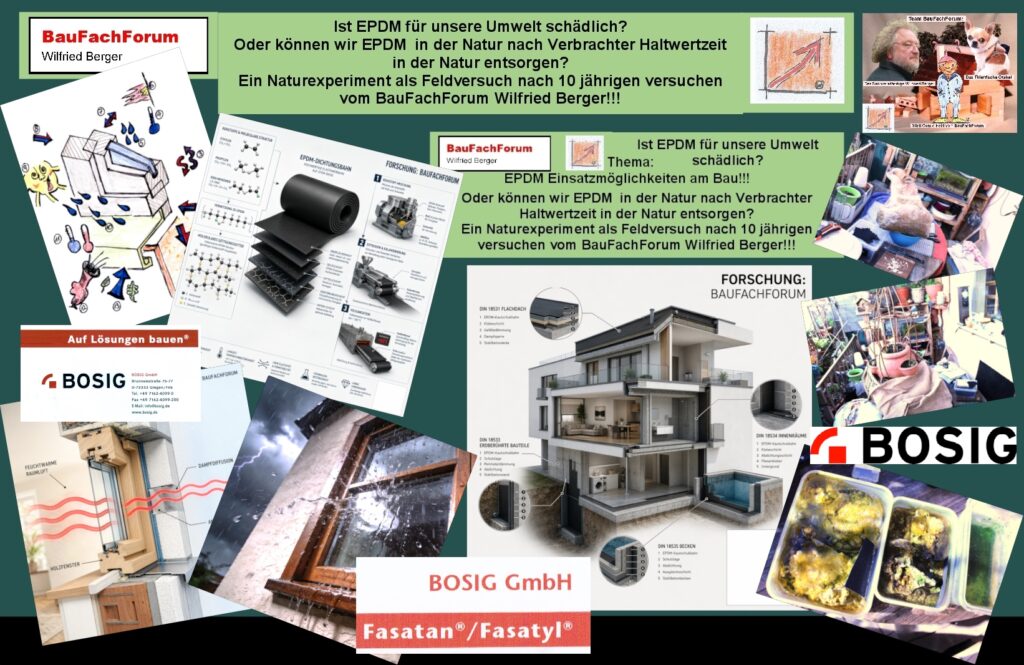 Fünfteilige Infografik-Collage des BauFachForum zu den Grundlagen der Bauwerksabdichtung und den Materialeigenschaften von EPDM.