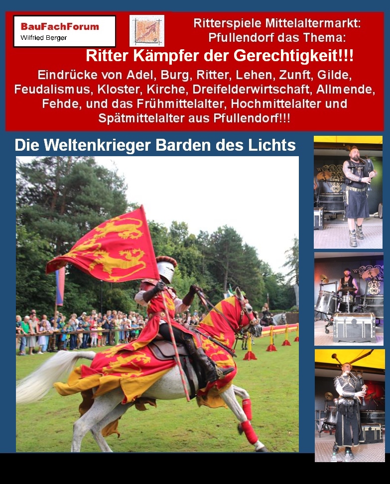 Ritter, die Kämpfer der Gerechtigkeit:
Sie waren die Streiter für den Adel aber auch für des gemeinen Volks wie Bauern und die, die den Zehnt-Abgebenden mussten und im Dienst standen. Meist wurden dieser Stand von der Obrigkeit stets ungerecht benachteiligt und behandelt. Die Ritter sollten hier eine soziale Lösung für die Landesherren darstellen und liefern. Auch bei den Römern gab es bereits Ritter, die man als die Ritter der Equites nannten.
Die Ritterwürden, mit dem Ritterschlag und den ganzen Auszeichnungen des Ritters gehen allerdings erst auf das Spätmittelalter zurück.
Da der Ritter, der Kämpfer der Gerechtigkeit im Dienste des Kaisers oder Königs agierte, war es damals schwer, die Ritterwürde zu erlangen.
Begriffe zum Thema Ritterehre:
Ritterspiele aus Pfullendorf, Weltenkrieger Barden des Lichts, Mittelalter, Sir, Knightly Valor, Siegfried Helbig, Wanderkalender, Eichenwald, Krimis, Eichenwald Weine, Drachenkampf, BauFachForum, Baulexikon Wilfried Berger.
Einfach das Bild anklicken und Ihr kommt auf passende Videos vom BauFachForum. Dazu verlässt Ihr das BauFachForum und Ihr kommt auf unseren YouTube-Kanal vom BauFachForum. Wenn euch die Shorts zusagen, könnt Ihr zum ausführlichen Thema weiterklicken.
Videoproduktion: BauFachForum, Baulexikon Wilfried Berger. www.baufachforum.de