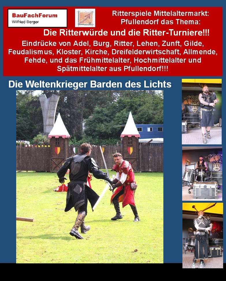 Die Ritterwürde und die Ritter-Turniere:
Speziell ab dem Spätmittelalter, bei dem dann auch die Edelknechte als Ritter zweiter Klasse gewertet wurden, kamen bei den Ritterturnieren strengere Spielregeln auf. An den Ritterturnieren durften nur Rittern im Sinne der Ritterwürde teilnehmen und keine Edelknechte.
Dabei galt auch, dass jeder Ritter sich mit drei Pferden aber nur mit zwei Knechten am Turnier melden und teilnehmen konnte.
Vielfach wurden von den Feudalherren Ritterturniere vor großen Schlachten ausgerichtet worden. Dabei sollte einmal der Kampf real geübt werden und zum anderen sollte dabei die Kampfmoral der Kämpfer wie auch dem Volk gestärkt werden.
Das war dann auch der Anlass, dass Edelknechte in Massen an den Turnieren die Ritterwürde verliehen wurden. Das war vor Schlachten natürlich auch militärisch ein großer Schachzug um das Heer der Reiter und Kämpfer zu stärken und sogar zu vergrößern. Nach der Schlacht selber musste ja für die gefallenen Ritter kein weiterer Sold bezahlt werden. Daher war dies ein kluger strategischer Zug der Landesherren und Fürsten die Kampfkraft für die Schlacht zu stärken.
Begriffe zum Thema Ritterturnier:
Ritterspiele aus Pfullendorf, Weltenkrieger Barden des Lichts, Mittealter, Lanze, Kaltenberg, Ausmalbuch, Schloss Thurm, Bad Bentheim, Königstein, Rosenburg, Clipart, Pferd, Schloß Berlepsch, Burg Katzensteir, BauFachForum, Baulexikon Wilfried Berger.
Einfach das Bild anklicken und Ihr kommt auf passende Videos vom BauFachForum. Dazu verlässt Ihr das BauFachForum und Ihr kommt auf unseren YouTube-Kanal vom BauFachForum. Wenn euch die Shorts zusagen, könnt Ihr zum ausführlichen Thema weiterklicken.
Videoproduktion: BauFachForum, Baulexikon Wilfried Berger. www.baufachforum.de