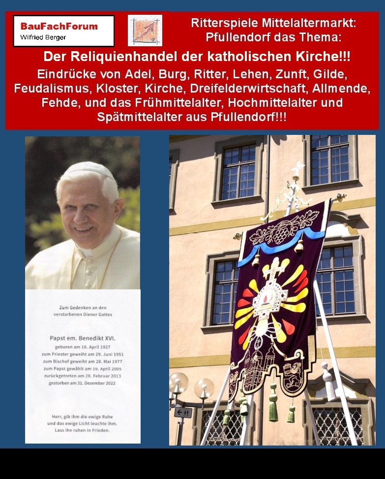 Höhr- und Sehprobe vom Reliquienhandel von Bruder Michl vom Mittelaltermarkt in Pfullendorf:
Reliquienhandel der Kirche:
Ein weiterer Aberglaube der Kirche war der Reliquienhandel in Form von Ablassbriefen. Dabei stellt der Reliquienhandel das Handeln von Teilen von verstorbenen Heiligen dar. Das heißt, die Kirche verkaufte persönliche Gegenstände von Heiligen. Dazu gehörten auch verschiedentlich Knochen von Heiligen. 
Privatpersonen oder Adelige konnten sich diese Reliquien von den reisenden Pfaffen erwerben. Damit wurde ihre Seele von Sünden freigesprochen. Bei Kirchen und Klöster waren dies wichtige Waren um Pilger in die Kirchen zu locken und ihnen dort mit weiteren Reliquien, die direkt verkauft wurden sich zu finanzieren.
Im Bild sehen wir die Reliquie des heiligen Bluts von Weingarten. Dabei wird jährlich mit einer Pferdeprozession das Blut Christi durch die Straßen und Felder getragen.
Begriffe zum Thema Blutritt Weingarten:
Ritterspiele aus Pfullendorf, Bruder Michl, Katholische Kirche, Heilig Blut Reliquie, Blutfreitag Weingarten 2024, große Reiterprozession, Basilika, Blutreiter, Christi Himmelfahrt, Prozession, Reiter, Pferde, Blutreiterinnen, BauFachForum, Baulexikon Wilfried Berger.
Einfach das Bild anklicken und Ihr kommt auf passende Videos vom BauFachForum. Dazu verlässt Ihr das BauFachForum und Ihr kommt auf unseren YouTube-Kanal vom BauFachForum. Wenn euch die Shorts zusagen, könnt Ihr zum ausführlichen Thema weiterklicken.
Im Video seht Ihr, wie Bruder Michl sich seine Reliquien beschafft hat.
Videoproduktion: BauFachForum, Baulexikon Wilfried Berger. www.baufachforum.de     
