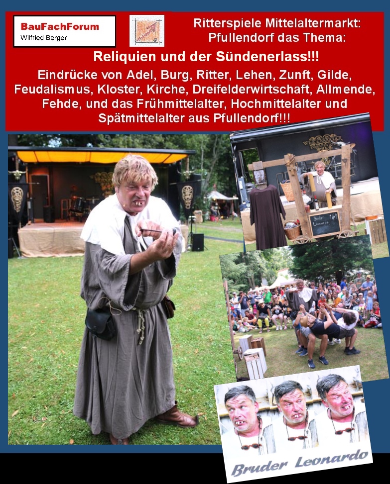 Hörprobe von Bruder Leonardo mit dem Song vom Sündenfall aus dem Paradies:
Die Verehrung von Reliquien:
Als Reliquien werden angebliche Körperteile von Heiligen oder Gegenstände, die Heiligen zugestellt wurden angesehen. Einmal gibt es hier die Grundlage, dass diese Reliquien berührt werden müssen damit sie an den Berührenden Wunder bewirken. Oftmals wurden dabei gesundheitliche Besserung erwartet. Zum anderen wurden diese Reliquien auch direkt als Körperteile von bestimmten Heiligen für den Hausgebrauch verkauft. Um die Reliquien aufzubewahren, wurden meist aufwendig gestalteten Behälter gefertigt. Man spricht dabei von sogenannten Reliquiaren. Meist handelte es sich dabei um Kästchen, Schreinen, Körperteile den sogenannten Armreliquiaren. Aber auch in figürlichen Darstellungen aus diesen Knochen wurden gehandelt. Und allem voran wurden die Reliquien in Bildern ausgestellt und dort verehrt. 
Begriffe zum Thema Reliquien Schrein:
Ritterspiele aus Pfullendorf, Bruder Leonardo, Neugotischer Reliquienschrein, Hildegard, Heilige Hildegard von Bingen, Reliquiar, Basilika, Bernadette, Beckum, Dom, Kirche, Willibrord, BauFachForum, Baulexikon Wilfried Berger.
Einfach das Bild anklicken und Ihr kommt auf passende Videos vom BauFachForum. Dazu verlässt Ihr das BauFachForum und Ihr kommt auf unseren YouTube-Kanal vom BauFachForum. Wenn euch die Shorts zusagen, könnt Ihr zum ausführlichen Thema weiterklicken.
Im Video seht Ihr von Bruder Leonardo wie er die Erbsünde und der Sündenfall aus dem Paradies mit einem sarkastischen Kirchenlied darstellt.
Videoproduktion: BauFachForum, Baulexikon Wilfried Berger. www.baufachforum.de     
