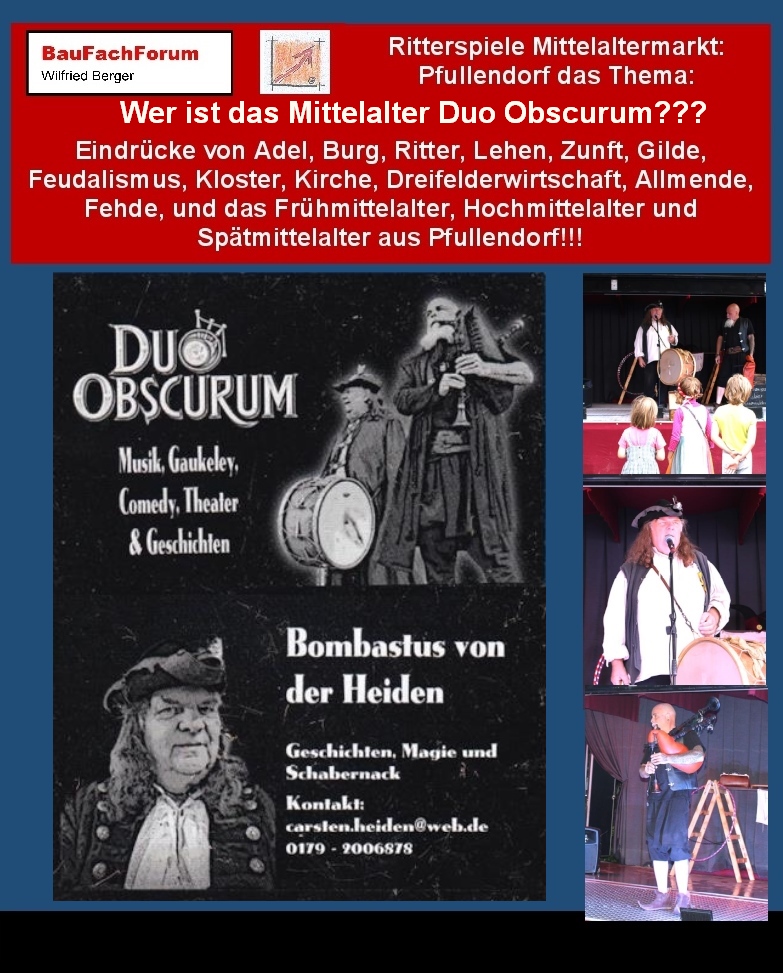 Wer ist die Mittelalterband Duo Obscurum?
Bei der zwei Mann-Band handelt es sich mit dem Duo Obscurum um eine nicht übliche Mittelalterband. Die beiden Bandmitglieder Bernartius van Troethoven und Bombastus von der Heiden spielen dabei mit Trommel und Dudelsack mittelalterliche Musikstückte. Beide fanden sich seit 2002 zusammen und bildeten nach bereits langjährigen Mittealter Musikerfahrung das Duo Obscurum. Dabei haben beide einen eigenen, einzigartigen Stiel entwickelt, der aus der Musik von Sackpfeife und Trommel nicht nur Musik bieten, sondern auch Geschichten, Jonglage und Flammenspiele in ihrer Bandbreite vortragen. Laut Wikipedia blickt Bernartius van Troethoven bereits seit 1995 mit der Mittelalterband Fabula Aetatis auf sehr große Bühnenerfahrung zurück. 
2002 löste er sich dann von der Mittelalterband Fabula Aetatis und gründete das Duo  Duo Obscurum. Siehe auch Medienberichte aus Dos Carachos und Wikipedia.
Begriffe zum Thema Musik im Mittelalter:
Ritterspiele aus Pfullendorf, Duo Obscurum, Mittelalter Band, Unterrichtsmaterial, Arbeitsplatt, Spielleute, Kloster, Epochen, Instrumente, Ars nova, Gregorianische Choral, Kirche, Weltkirche Musik, BauFachForum, Baulexikon Wilfried Berger.
Einfach das Bild anklicken und Ihr kommt auf passende Videos vom BauFachForum.
Dazu verlässt Ihr das BauFachForum und Ihr kommt auf unseren YouTube-Kanal vom BauFachForum. Wenn euch die Shorts zusagen, könnt Ihr zum ausführlichen Thema weiterklicken.
Videoproduktion: BauFachForum, Baulexikon Wilfried Berger. www.baufachforum.de     
