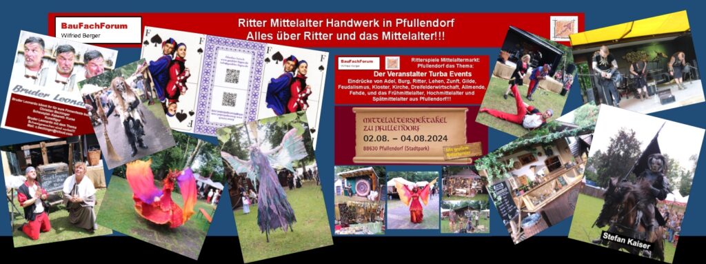 Der Veranstalter Turba Events:
Wer ist Turba Events?
Der Veranstalter gehört zu den anspruchsvollen Veranstalter von Mittelaltermärkten im Süden Deutschlands. Hierbei werden alle Grundlagen aus einer Hand geliefert, was ein Mittelaltermarkt alles benötigt. Ruland Turba, der Kopf der Veranstaltung, bringt zu seinen Mittelaltermärkten alles mit, was man benötigt um den Besucher in das Mittelalter zu versetzen.
Wer ist Andrè Heygster aus Pfullendorf:
Wenn wir an Pfullendorf mit der Badischen Kultur denken, kommt man am Eventmanager  Andrè Heygster nicht vorbei. Seit über 30 Jahren organisiert er für die kulturverlieben Pfullendorfer Events und Kleinkunst aus und in Pfullendorf. Andrè Heygster füllt somit in Pfullendorf eine Kulturlücke aus. Denn, wer an Kultur denkt, wird nicht ausgerechnet Pfullendorf als kleine Landstadt auswählen. Andrè Heygster liefert allerdings seit über 30 Jahre einen Eventhöhepunkt nach dem anderen. Er brachte auch Roland Turba mit seiner Mittelaltertruppe nach Pfullendorf. 
Begriffe zum Thema Mittelalter Markt:
Ritterspiele aus Pfullendorf, Duo Obscurum, die Weltenkrieger, Barden des Lichts, Minecraft, Gemälde, Wimmelbild, Handel, Sigmaringen, Mittelaltermarkt Sigmaringen, Fürstenfeldbruck, Nabburg, Siegburg, Schloss Lauersfort, BauFachForum, Baulexikon Wilfried Berger.
Einfach das Bild anklicken und Ihr kommt auf passende Videos vom BauFachForum. Dazu verlässt Ihr das BauFachForum und Ihr kommt auf unseren YouTube-Kanal vom BauFachForum. Wenn euch die Shorts zusagen, könnt Ihr zum ausführlichen Thema weiterklicken.
Videoproduktion: BauFachForum, Baulexikon Wilfried Berger. www.baufachforum.de     
