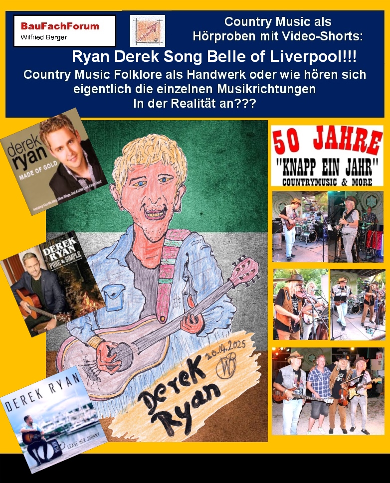 Hör- und Sehprobe Bandvorstellung: Teil 8 des legendären 50 Jahre Abschiedskonzert von Knapp ein Jahr mit dem Song von Ryan Derek The Belle of Liverpool.
Knapp ein Jahr und die ersten Internetpräsentationen:
Knapp ein Jahr zeichnet sich dadurch aus, dass sie eine Liveband auf der Bühne ist und auch mal spielen kann, wenn das Licht und der Strom ausfällt. Allerdings konnte die Band nicht vor dem Internet flüchten. So war es 2002 dann soweit, dass Knapp ein Jahr ihre Internetseite präsentierten. Dazu waren Renate & Uwe Schildmeyer gefordert. Ihre Präsenz in den sozialen Netzwerken folgte automatisch. Mehr Informationen findet Ihr unter www.knappeinjahr.de.
Dort könnt Ihr auch alle bisher erschienen CDs von Knapp ein Jahr bestellen und kaufen. Der Song von Ryan Derek The Belle of Liverpool gehörte auch in das Hauptprogramm der Band. Wieder ein Countrysong aus Europa.
Begriffe zum Thema Irische Folklore:
50 Jahre Knapp ein Kahr Abschiedskonzert, Hall of Fame, Prominente und Stars, Konzert, Song, Irish Country Singer, Album, Music, Concert, Ryan Singer, Irish Singer, BauFachForum, Baulexikon Wilfried Berger.
Einfach das Bild anklicken und Ihr kommt auf passende Videos vom BauFachForum. Dazu verlässt Ihr das BauFachForum und Ihr kommt auf unseren YouTube-Kanal vom BauFachForum. Wenn euch die Shorts zusagen, könnt Ihr zum ausführlichen Thema weiterklicken.
Videoproduktion: BauFachForum, Baulexikon Wilfried Berger. www.baufachforum.de