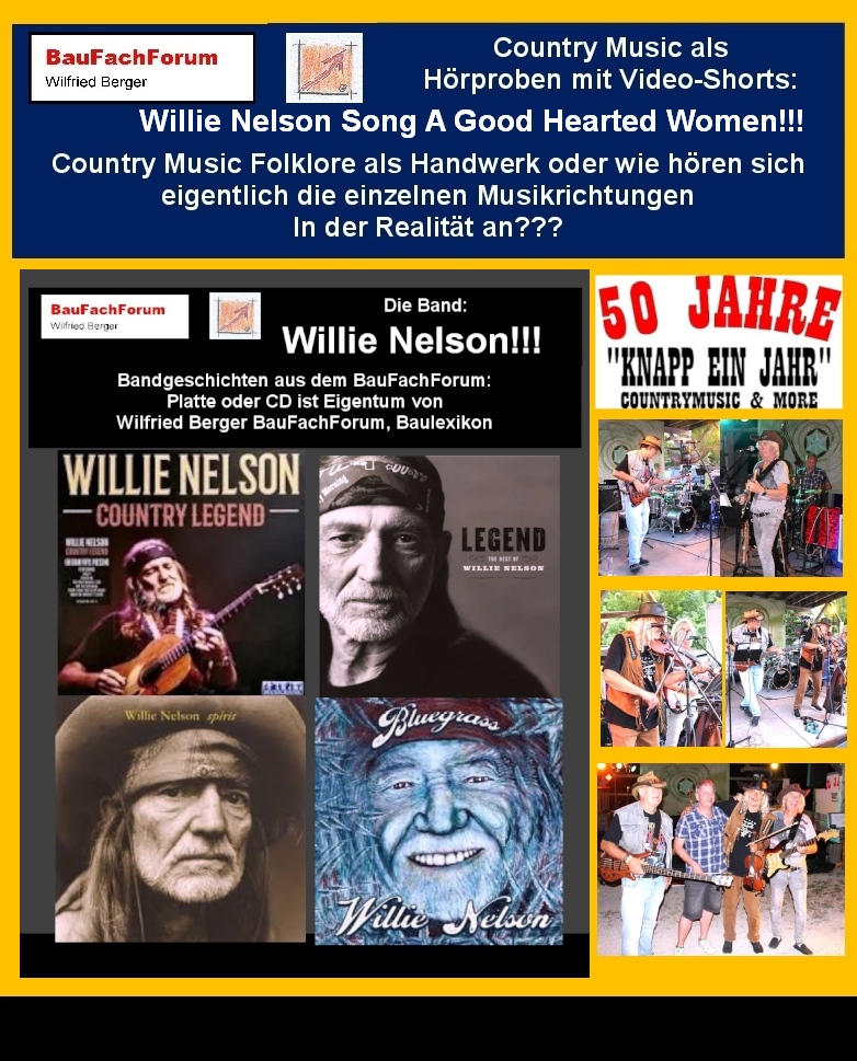 Hör- und Sehprobe Knapp ein Jahr Country and More mit dem Legendären 50 Jahre Abschiedskonzert von Knapp ein Jahr mit dem Willie Nelsen und Waylon Jennings Song A Good Hearted Woman.
Thema: Was ist Outlaw Country Music?
Wer ist Willie Nelson?
Willie Nelsen wurde als Willie Hugh Nelson am 29. April 1933 in Abbott, Texas geboren. Seine Berufsbezeichnung ist US-amerikanischer Country-Sänger, Gitarrist und Songwriter. Er ist eine prägende Gestalt in der Musikrichtung der Outlaw-Bewegung. Zu seinen Erfolgen zählen 22 Nummer eins Singles und 14 Nummer eins Alben in den Billboard-Country-Charts.
Seine bekanntesten Songs:
Dazu zählen:
Blue Eyes Crying in the Rain, On the Road Again und Always on My Mind sowie Crazy in der Interpretation von Patsy Cline.
Filme und Fernsehproduktionen:
Willie Nelson spielte in über 40 Film- und Fernsehproduktionen als Schauspieler mit.
Sein Markenzeichen:
Willie Nelsen ist bekannt für seine markante Ausdrucksstimme und seine Gitarrensoli. Die Zeitschrift Rolling Stones listete ihn damit auf Platz 77 der 100 größten Gitarristen aller Zeiten.
Begriffe zum Thema Willie Nelson:
50 Jahre Knapp ein Kahr Abschiedskonzert, Guitar, Gitarre, Singer, Songwriter, Spiegel, Amazon, Musician, Country Music, Country Music Singer, Country Singer Willie, Konzerte, BauFachForum, Baulexikon Wilfried Berger.
Einfach das Bild anklicken und Ihr kommt auf passende Videos vom BauFachForum. Dazu verlässt Ihr das BauFachForum und Ihr kommt auf unseren YouTube-Kanal vom BauFachForum. Wenn euch die Shorts zusagen, könnt Ihr zum ausführlichen Thema weiterklicken.
Videoproduktion: BauFachForum, Baulexikon Wilfried Berger. www.baufachforum.de