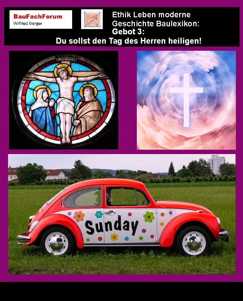 Das dritte Gebot:
Du sollst den Tag des Herrn heiligen:
Das dritte Gebot reiht sich dem zweiten Gebot an. Auch hier soll die Ehrung zu Gott nochmals mit dem Arbeitsverbot am Sonntag untermauert werden. Entscheidend ist, dass sich hier schon in der vorchristlichen antiken Zeit die Religion über die Staatsrechte stellte. Das heißt, dass damit die Religion in früheren Zeit einen wesentlich höheren Status hatte wie die weltliche Regierungsführung. Das Arbeitsverbot am Sonntag oder dem Sabbat galt auch für die Bediensteten und Sklaven.
Begriffe zum Thema drittes Gebot:
Drittes Gebot, Bibel, Feiertag heiligen, Gottes, du sollst nicht, Sabbat, Gebote Gottes, Begehren deines nächsten, Katholische Kirche, des Herrn, Predigt, BauFachForum, Baulexikon Wilfried Berger.
Einfach das Bild anklicken und Ihr kommt auf passende Videos vom BauFachForum. Dazu verlässt Ihr das BauFachForum und Ihr kommt auf unseren YouTube-Kanal vom BauFachForum. Wenn euch die Shorts zusagen, könnt Ihr zum ausführlichen Thema weiterklicken.
Videoproduktion: BauFachForum, Baulexikon Wilfried Berger. www.baufachforum.de