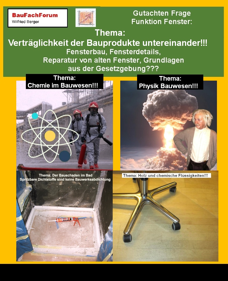 Hör- und Sehprobe Gutachten Frage Funktion Fenster.
Teil 5.1 unseres Gutachtens um Bauschäden zu vermeiden.
Thema: Teil 5.1: Verträglichkeit der Bauprodukte:
Unter Verträglichkeit verstehen wir immer die Grundlage zwischen Chemie und Physik. Chemisch gesehen stehen wir hier beispielsweise in der Grundlage von Korrosion zu anderen Bauteilen. Bei Kunststoffen sind es beispielsweise Weichmacher, die andere Kunststoffe oder Baumaterialien schädigen können. Dazu zählen auch spritzbare Dichtstoffe. Physikalisch gesehen sind dies auch statische Grundlagen. Dazu zählen beispielsweise Montagegrundlagen der Befestigungstechnik. Jede Schraube oder Dübel gehört hier zur Verträglichkeit der statischen Kräfte im Verhältnis zum Halt mit dem Untergrund. Newtons zweites Gesetz beschreibt hierbei Kraft, Masse und Beschleunigung in der Formel F = m a.
Seit gespannt auf den nächsten Teil.
Begriffe zum Thema Weichmacher:
Gutachten Frage Funktion Fenster, BOSIG, Fensterbau, Fenstereinbau, Strukturformel, Plastik, Funktion, Stuhlgang, Liste, Urin, Reifen, Spielzeug, Mörtel, Kunststoff, BauFachForum, Baulexikon Wilfried Berger
Einfach das Bild anklicken und Ihr kommt auf passende Videos vom BauFachForum.
Dazu verlässt Ihr das BauFachForum und Ihr kommt auf unseren YouTube-Kanal vom BauFachForum. Wenn euch die Shorts zusagen, könnt Ihr zum ausführlichen Thema weiterklicken.
Link zu: Das Thema Gutachten Frage Funktion Fenster
Im Short seht Ihr: Die Verträglichkeit von Baumaterialien.