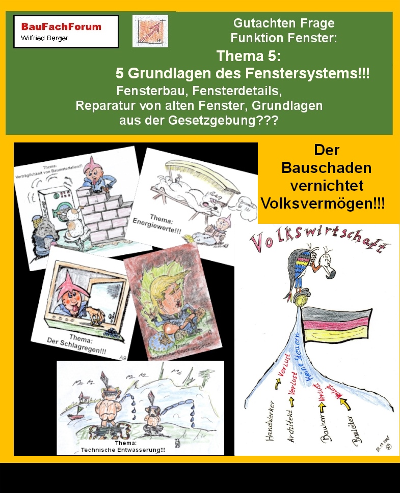 Hör- und Sehprobe Gutachten Frage Funktion Fenster.
Teil 5 unseres Gutachtens um Bauschäden zu vermeiden.
Thema: Teil 5: 5 Grundlagen an das Fenstersystem.
Lehrthemen aus dem Inhalt dieses Themas:
Teil 5.1: Verträglichkeit der Bauprodukte.
Der Fensterbau ist immer davon geprägt, dass das Fenster und die Einbaumaterialien keine Schäden an anderen Bauteilen verursachen.
Teil 5.2: Die Energiewerte.
Hier spricht der Sachverständige von schleichenden Schäden. Die Energiewerte werden von Woche zu Woche verringert und neue Schäden werden produziert.
Teil 5.3: Die Schlagregendichtheit.
Schlagregen darf bewusst in das Bauteil eindringen muss dort aber kontrolliert abgeführt werden.
Teil 5.4: Der Druckausgleich vom Fensterelement.
Ist der Druckausgleich geschädigt, läuft das Wasser nicht mehr ab.
Teil 5.5: Die Systementwässerung.
Auch muss somit zwingend die Systementwässerung im Fenster funktionsfähig sein.
Begriffe zum Thema Fenstersystem:
Gutachten Frage Funktion Fenster, BOSIG, Fensterbau, Fenstereinbau, Kömmerling, Heroal, Gealan, Schüco, Salamander, Holz Aluminium, Contour, Holz Alu, BauFachForum, Baulexikon Wilfried Berger.
Einfach das Bild anklicken und Ihr kommt auf passende Videos vom BauFachForum. Dazu verlässt Ihr das BauFachForum und Ihr kommt auf unseren YouTube-Kanal vom BauFachForum. Wenn euch die Shorts zusagen, könnt Ihr zum ausführlichen Thema weiterklicken.
Link zu: Das Thema Gutachten Frage Funktion Fenster
Im Short seht Ihr: die einzelnen Details zum Thema.