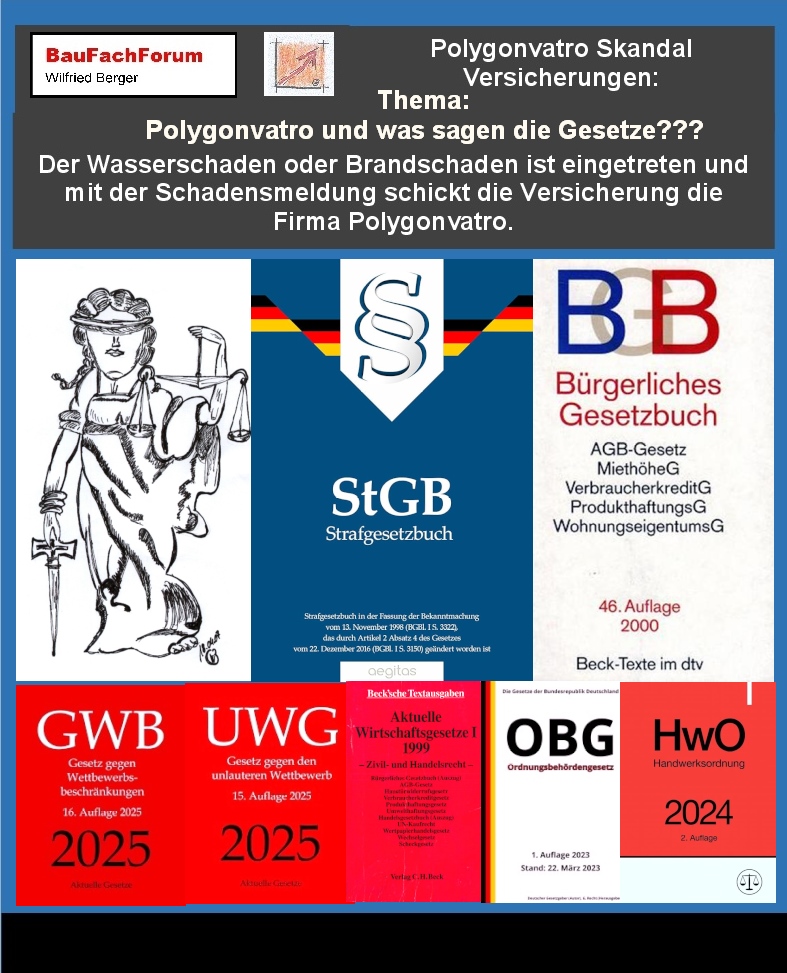 Teil 4 der Hör – und Sehprobe Polygonvatro Skandal Versicherungen, BauFachForum, Baulexikon Wilfried Berger.
Thema: Was sagen die Gesetze?
In Deutschland wird der Wirtschaftsmarkt im Handwerk strengstens beaufsichtigt.
Einmal durch das Bundeskartellamt, der Gesetzgebung des Gesetz gegen den unlauteren Wettbewerb oder kurz UWG, durch das Gesetz der Wettbewerbsbeschränkungen oder kurz GWB, der Handwerksordnung oder kurz HwO sowie den Ordnungsbehörden mit dem Ordnungsbehördengesetz oder kurz OBG. Nicht zuletzt im strafrechtlichen Bereich durch die Staatsanwaltschaft. Somit hat jeder Bürger oder Unternehmer im Fall, wenn er mit dem Geschäftsmodell von Polygonvatro selber zu Schaden kommt entsprechende Anzeigen zu erstatten.
Dubiosen Stundenabrechnungen auf den Schadenskonten der Geschädigten, gehören hier sicherlich in das Strafrecht der Staatsanwaltschaften. Bleibt gespannt an diesem Artikel im BauFachForum dran. Informieren ist besser als später den Ärger zu haben.
Begriffe zum Thema Straftat:
Polygonvatro Skandal Versicherungen, Ordnungswidrigkeit, Polizei, Aufbau, Rechtsfolgen, Dreistufiger Deliktaufbau, Game, Wirtschaftsverbrechen, Versicherungsbetrug BauFachForum, Baulexikon Wilfried Berger.
Einfach das Bild anklicken und Ihr kommt auf passende Videos vom BauFachForum. Dazu verlässt Ihr das BauFachForum und Ihr kommt auf unseren YouTube-Kanal vom BauFachForum. Wenn euch ein Shorts zusagt, könnt Ihr zum ausführlichen Thema weiterklicken.
Erschöpfende Auskünfte findet Ihr in der Skandalzeitung vom BauFachForum Wilfried Berger.
Videoproduktion: BauFachForum, Baulexikon Wilfried Berger.
www.baufachforum.de