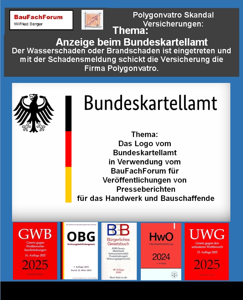 Teil 8 der Hör – und Sehprobe Polygonvatro Skandal Versicherungen,
BauFachForum, Baulexikon Wilfried Berger.
Thema: Kartell und Monopol:
Nachdem sich jetzt der Geschäftsführer Diplom Ingenieur Andreas Weber CEO sich im Internet gemeldet hat und bescheinigt, dass die ca. 40 Schäden der SWR Ermittlungen ein nur geringer Prozentsatz zu 300000 Schadensfälle im Jahr seien und somit diese Geschädigte als Kollateralschaden angesehen werden, musste das BauFachForum für das Handwerk reagieren. Es wurde am 02.11.2025 beim Bundeskartellamt gegenüber den Verträgen zwischen Polygonvatro und den Versicherungen Anzeige erstattet. Grundlegend ist, dass diese Verträge mit den Versicherungen ein Monopol mit Dumping Stundensätzen von 37 Euro darstellen dürften. Und dem Handwerk somit komplett bei Elementarschäden den Markt verschließt. Das Aktenzeichen beim Bundeskartellamt ist somit eröffnet und Handwerker können dort auch anonym ihre Benachteiligungen anzeigen. Seit gespannt auf den nächsten Teil. 
Begriffe zum Thema Kartellamt: 
Polygonvatro Skandal Versicherungen, Kartellamt, Bundeskartellamt, Benzinpreise, Commerzbank, Bußgelder, Unikredit, Raketen, Duale Systeme, Fusionskontrolle, BauFachForum, Baulexikon Wilfried Berger.
Einfach das Bild anklicken und Ihr kommt auf passende Videos vom BauFachForum. Dazu verlässt Ihr das BauFachForum und Ihr kommt auf unseren YouTube-Kanal vom BauFachForum. Wenn euch ein Shorts zusagt, könnt Ihr zum ausführlichen Thema weiterklicken.
Erschöpfende Auskünfte findet Ihr in der Skandalzeitung vom BauFachForum Wilfried Berger.
Videoproduktion: BauFachForum, Baulexikon Wilfried Berger.
www.baufachforum.de     
