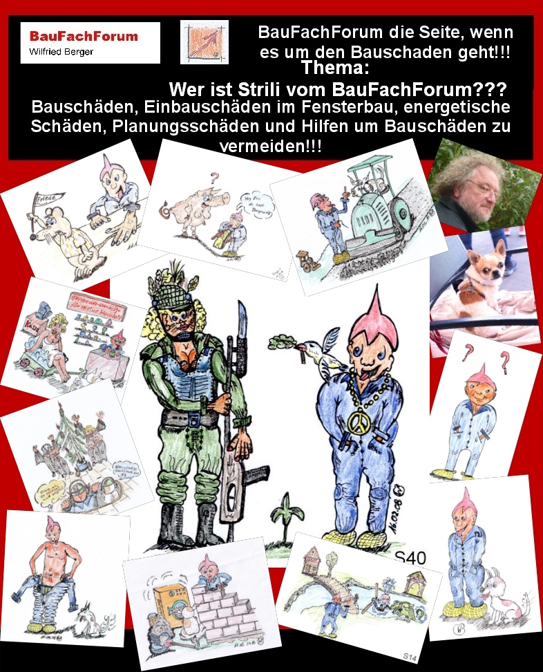 Hör – und Sehprobe BauFachForum die Seite des Bauschadens.
Thema: Wer ist Stirli vom BauFachForum?
Stirli vom BauFachForum ist eine Erfindung vom Comiczeichner Wilfried Berger, Sachverständiger vom BauFachForum. Er hat sich sein Freizeitspaß mit seiner Comic-Figur Stirli im BauFachForum als Comic-Zeichner zu einer Arbeitsgrundlage gemacht. Immer wenn dem Autor nur noch halsbrecherische Dinge einfallen, muss Stirli herhalten und aufzeigen, wie so etwas im täglichen Leben ausgehen und aussehen kann.
Also liebe Kinder!!!! Wenn Stirli auch oft lustige Situationen in Bildern aufzeigt, bitte, bitte nie nachmachen. Stirli verträgt auch harte Einsätze und ist am anderen Tag auch immer wieder fit. Damit ist er ein dankbarer Mitarbeiter für das BauFachForum ohne, dass er eine Gehalt verlangt und nach seinen waghalsigen  Situationen auch nie krank ist! Also, liebe Kinder, nie nachmachen! Seit gespannt bis zum nächsten Teil.
Begriffe zum Thema Comic:
BauFachForum die Seite des Bauens, Marvel, Schule, gezeichnet, Micky Maus, Katze, Hund, Urlaub, Geburtstag, nicht lustig, Fußball, BauFachForum, Baulexikon Wilfried Berger.
Einfach das Bild anklicken und Ihr kommt auf passende Videos vom BauFachForum. Dazu verlässt Ihr das BauFachForum und Ihr kommt auf unseren YouTube-Kanal vom BauFachForum. Wenn euch ein Shorts zusagt, könnt Ihr zum ausführlichen Thema weiterklicken.
Erschöpfende Auskünfte findet Ihr in der Skandalzeitung vom BauFachForum Wilfried Berger.
Videoproduktion: BauFachForum, Baulexikon Wilfried Berger.
www.baufachforum.de