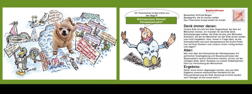 Satirische Collage zum Klimagipfel mit dem Chihuahua-Hund Thierry als tierisches Orakel, der bei sommerlichem Wintereinbruch eine Pelzjacke, eine rote Zipfelmütze und Handschuhe trägt.