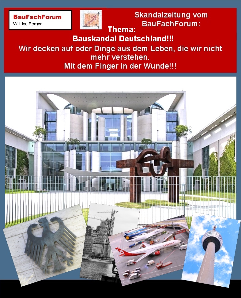 Teil 2: Hör – und Sehprobe BauFachForum Wir decken auf Skandalzeitung.
Thema: Bauskandal Deutschland:
Deutschland musste nach dem zweiten Weltkrieg neu aufgebaut werden. Aus Trümmerresten wurden mit alten Bauweisen die Jahrhunderte überdauerten Häuser gebaut. Die Bauhauskultur nahm Einzug in Deutschland. Architekten wie Walter Adolf Georg Gropius, Egon Eiermann und später Raimund Probst  waren Architekten und Baumeister, die Bauten für Jahrhunderte bauten. Die Baukultur war eine Koordination vom Möglichen der Bautechnik beginnend und dann das Bau-Design schaffend. Heute schafft das Design die vorrangigste Grundlage und die Technik soll dieses Design umsetzen. Daran scheitern die wichtigsten und größten Bauwerke Deutschlands wie beispielsweise der Flughafen Berlin wie auch Stuttgart 21 mit ihrem Hauptbahnhof. Dabei gilt einmal, dass das Design meist die Technik zum Bauschaden führt und zum anderen, dass ständig neue Design-Wünsche das Bauwerk verteuern und kaum noch bezahlbar macht. Seit gespannt auf den nächsten Teil.
Begriffe zum Thema Baukultur Deutschland:
BauFachForum die Seite des Bauens, Wüstenrot, Baukulturelle Leitlinien, Holz Baukultur, Baukunst Buch, Stiftung Baukultur, Architektur, Baukulturbericht 2024, BauFachForum, Baulexikon Wilfried Berger.
Einfach das Bild anklicken und Ihr kommt auf passende Videos vom BauFachForum.
Dazu verlässt Ihr das BauFachForum und Ihr kommt auf unseren YouTube-Kanal vom BauFachForum. Wenn euch ein Shorts zusagt, könnt Ihr zum ausführlichen Thema weiterklicken.
Erschöpfende Auskünfte findet Ihr unter der Skandalzeitung vom BauFachForum Wilfried Berger.
Videoproduktion: BauFachForum, Baulexikon Wilfried Berger.
www.baufachforum.de     
