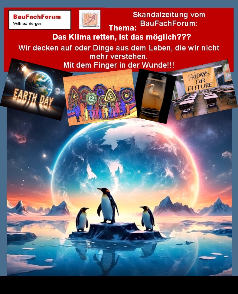 Hör – und Sehprobe BauFachForum Wir decken auf Skandalzeitung.
Thema: Das Klima schützen ist das möglich?
Was die Menschheit immer verwechselt sind die Begriffe im Klimaschutz. Einmal das Klima zu schützen und einmal das Klima zu retten. Das sind zwei völlig andere Handlungen, die man immer wieder falsch ausdrückt und versteht. Das Klima retten, können wir nicht. Denn das Klima wird von der Erde selber bestimmt. Hier hängt alleine schon die Lage der Erde in der Neigung der Erdachse zusammen. Verändert sich diese nur minimal, wird die Erde eine andere werden. Daher ist auch der Begriff das Klima retten falsch ausgelegt. Wir können das Klima nur von Unrat und Belastungen befreien. Wir können aber nicht das Klima beeinflussen, solange wir das Klima akzeptieren und achten. Wenn aber, die Mächtigen der Welt mit Kriegen und allem vorn mit Atombomben spielen und diese einsetzen, kann die Erde natürlich aus dem Gleichgewicht gebracht werden. Diese Gefahr ist weit höher als die Umweltverschmutzung durch den Mensch. Bleibt gespannt auf den nächsten Teil.
Begriffe zum Thema Klimaschutz:
BauFachForum die Seite des Bauens, Klimaschutz, Umwelt, Logo, Clipart, Nachhaltigkeit, Schule, Deutschland, Diagramm. Hintergrund, Politik, BauFachForum, Baulexikon Wilfried Berger.
Einfach das Bild anklicken und Ihr kommt auf passende Videos vom BauFachForum.
Dazu verlässt Ihr das BauFachForum und Ihr kommt auf unseren YouTube-Kanal vom BauFachForum. Wenn euch ein Shorts zusagt, könnt Ihr zum ausführlichen Thema weiterklicken.
Erschöpfende Auskünfte findet Ihr unter der Skandalzeitung vom BauFachForum Wilfried Berger.
Videoproduktion: BauFachForum, Baulexikon Wilfried Berger.
www.baufachforum.de