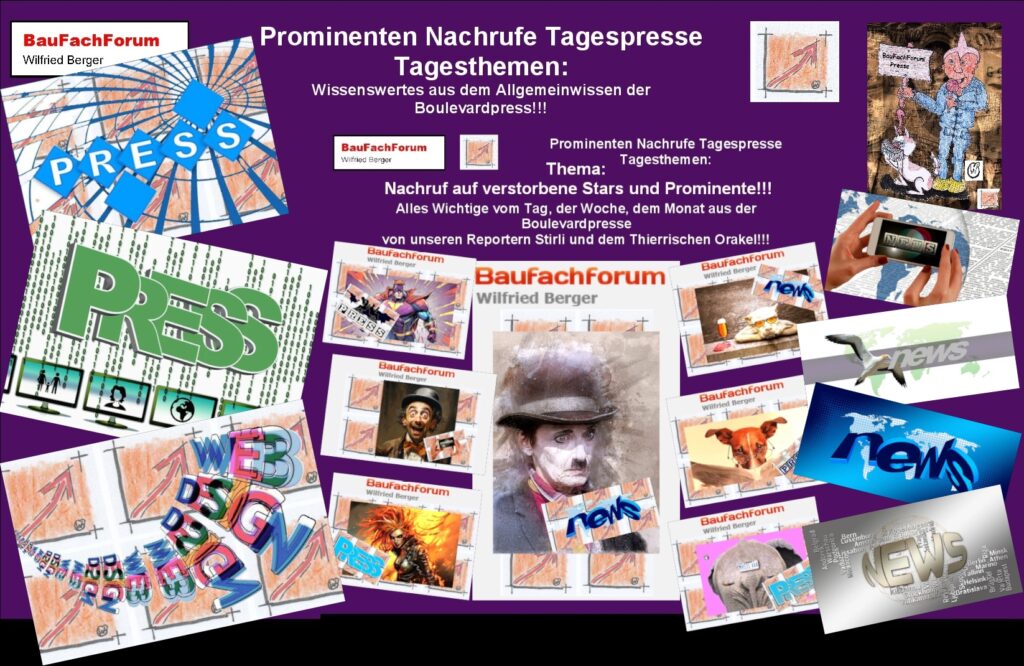 Was ist Pressefreiheit?
Wenn wir unsere Presse real ansehen und aufmerksam verfolgen, wird 2025 auffällig, dass früher einmal die Presse ein freier Beruf und weisungsfrei war. Das heißt, die Presse konnte über das berichten, was auch nachgeforscht wurde. Heute können wir davon nicht mehr ausgehen. Heute müssen wir einfach erkennen, dass die Presse politisch in der Weisung steht. Wer sich gegen den Klimawandel beispielsweise ausspricht und Kritiken an der Presse hegt, wird bereits schon als Klimaleugner in eine Kategorie eingestuft, die einem Verbrechen gleich kommt. Gleich geht es bei der Boulevardpresse. Solange die Prominente Verkaufsquoten von Zeitschriften und Einschaltquoten produzieren, solange wird an Ihnen kein gutes Haar gelassen. Da wird jedes Salatblatt das der Diva vom Essensteller fällt in großen Lettern in den Zeitschriften verbreitet: Kann die Königin nicht mit Messer und Gabel essen?
Und auffällig ist das Ganze immer, dass die Schlagzeilen immer als Frage gestellt ist, ohne entsprechend das Satzzeichen der Frage zu setzen. Sodass der flüchtige Betrachter meint, dass diese Frage eine Tatsache darstellt. Und, wenn die Promis dann gestorben sind, werden Trauerreden verbreitet, die kaum in die Autobiographie der Promis passt. Eine erschreckende Entwicklung, die das BauFachForum nicht mitgehen wird.
Betrachten wir einfach einmal dem Heavy Metal Sänger Ozzy Osbourne. Dann ändert das nichts an der Tatsache, dass er in seinen wildesten Jahren auf der Bühne einer Fledermaus den Kopf abgebissen hat und seinem Manager gleichfalls weißen Tauben den Kopf aus Bosheit abgebissen hat. Handlungen, die heute vermutlich nicht mehr ohne Haftstrafen abgingen. Allerdings ist das BauFachForum der Meinung, dass der Tot der Promis nicht ihr Handeln im Leben vom Tisch fegen kann. Als James Brown gestorben war, ging dabei der sicherlich größte R&B-Sänger aller Zeiten von dieser Welt. Er war der Godfather of Soul und Erfinder des
Funk der durch ihn zum Weltruhm auflief. Ohne Ihn würde es den New-Jack-Swing vermutlich gar nicht geben. Allerdings kann sein Tot nicht darüber hinwegsehen, dass er für die Jugend mit seinen Drogen- und Alkoholeinflüsse kein Vorbild sein konnte. Auch nicht als er deswegen öffters eingesperrt wurde, wie er auf der Bühne stand, war er für die Kids der Welt immer noch ein Idol. Was aber nicht darüber hinwegtröstet, dass er damit ein schlechtes, gesellschaftliches Beispiel darstellte. 
Oder betrachten wir eine Amy Winehouse, wie sie an Ihrem Alkoholismus zu Grunde ging. Dann kann an diesem Beispiel deutlich erkennen, dass andere Menschen wie Manager und Managerinnen, gerade solche Menschen aus Geldgier bis in den Tot treiben. Und nur wenige kommen aus diesen Tiefen heraus und werden bis zum Ende Ihres Lebens geachtete Promis. 
Hier auf dieser Seite soll auch über die Toten Promis mal die Wahrheit Ihres Lebens zu Wort kommen.             
Begriffe zum Thema Prominente Stars: 
Prominenten Nachrufe Tagespresse Tagesthemen, Prominente Stars, Brille, Tattoos, Motorrad, Gestorben, Hochzeit, Tattoo, Werbung, Buch, verstorbene Schauspieler, Motorräder, verstorbene Prominente, BauFachForum, Baulexikon Wilfried Berger.  

Einfach das Bild anklicken und Ihr kommt auf passende Videos vom BauFachForum.
Dazu verlässt Ihr das BauFachForum und Ihr kommt auf unseren YouTube-Kanal vom BauFachForum. Wenn euch ein Shorts zusagt, könnt Ihr zum ausführlichen Thema weiterklicken.
Erschöpfende Auskünfte findet Ihr unter dem Produkte-Test vom BauFachForum Wilfried Berger.
Videoproduktion: BauFachForum, Baulexikon Wilfried Berger.
www.baufachforum.de     
