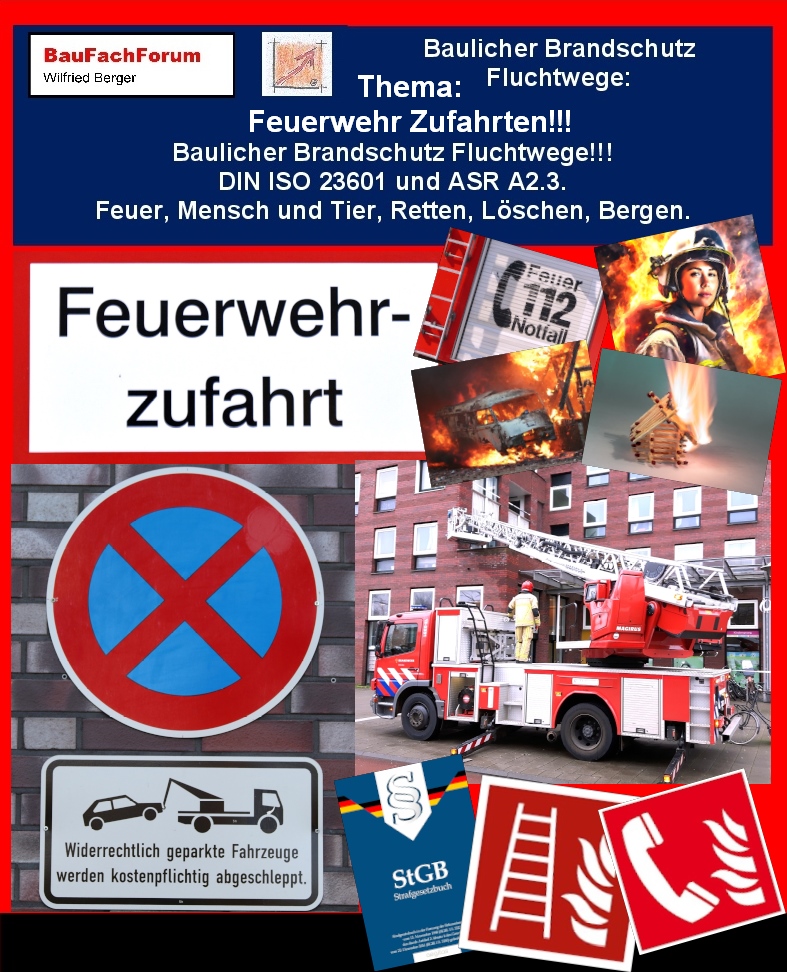 Hör – und Sehprobe Baulicher Brandschutz Fluchtwege DIN ISO 23601 und ASR A2.3.
Thema: Teil 2: Feuerwehr Zufahrt und die Gesetzgebung:
Hör – und Sehprobe Baulicher Brandschutz Fluchtwege DIN ISO 23601 und ASR A2.3.
Thema: Teil 2: Feuerwehr Zufahrt und die Gesetzgebung:
Ein Thema, bei dem wir uns mit dem Brandschutz auch bei den Fluchtwegen immer mit einem Fuß in der Grundlage des Strafrechts bewegen. Feuerwehrzufahrten sind dabei in der Straßenverkehrsordnung oder kurz StVO nach § 12 Abs. 1 Nr. 5 StVO geregelt. Wichtig ist es im Bauwesen zu wissen, dass wir dort wo wir Beschilderungen für die Feuerwehrzufahrt, vom Gesetzgeber ein expliziertes Halteverbot ohne Kompromisse bestimmt bekommen. Hier werden Fahrzeuge im Brandfall abgeschleppt aber auch ohne, dass die Feuerwehr hier im Einsatz ist, die Fahrzeuge abgeschleppt werden. Hier gilt es, dass diese Vergehen im Straßenverkehr Menschen- und Tierleben in Gefahr bringen und somit bestraft werden. Seit gespannt auf den nächsten Teil und gefährdet kein Leben bei euerer täglichen Arbeit!
Begriffe zum Thema Feuerwehrzufahrten:
BauFachForum die Seite des Bauens, Feuerwehrzufahrt, Verkehrszeichen, Zeichen, Schild, Kennzeichnung, Lageplan, Piktogramm, Beschilderung, Grundriss, Siegel, Plan, STVO, Straßenverkehrsordnung, BauFachForum, Baulexikon Wilfried Berger.
Einfach das Bild anklicken und Ihr kommt auf passende Videos vom BauFachForum.
Dazu verlässt Ihr das BauFachForum und Ihr kommt auf unseren YouTube-Kanal vom BauFachForum. Wenn euch ein Shorts zusagt, könnt Ihr zum ausführlichen Thema weiterklicken.
Erschöpfende Auskünfte findet Ihr im Baulexikon unter dem Suchbegriff B vom BauFachForum Wilfried Berger.
Videoproduktion: BauFachForum, Baulexikon Wilfried Berger.
www.baufachforum.de