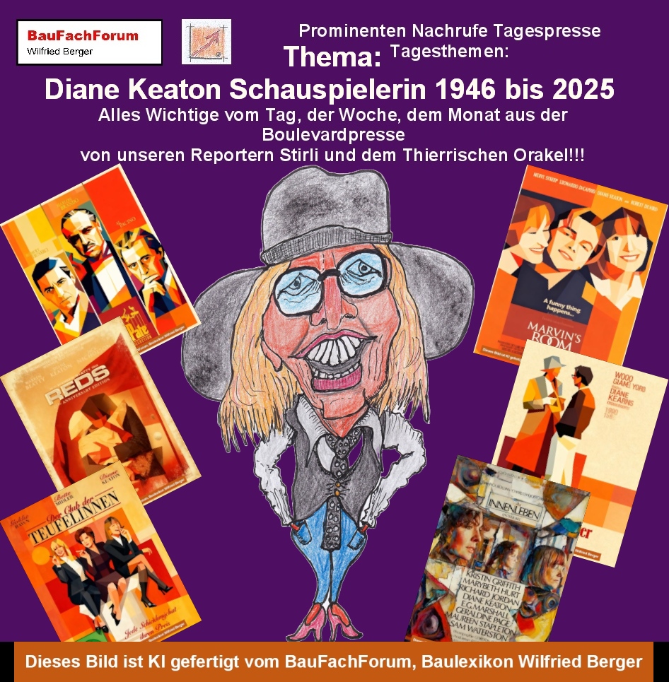 Hör – und Sehprobe Prominenten Nachrufe Tagespresse Tagesthemen: 
Thema: Diane Keaton Schauspielerin, Filmproduzentin und Regisseurin1946–2025: 
Sie war eine der bedeutendsten US-amerikanischen Frauen und Hollywood-Ikonen ihrer Generation. Ihr internationale Durchbruch erreichte Sie 1972 als Kay Adams in Francis Ford Coppolas Meisterwerk Der Pate. Ihr erster Oscar bekam Sie mit ihrem größten Erfolg 1978 als beste Hauptdarstellerin für ihre Titelrolle in Woody Allens Film der Stadtneurotiker im Originaltitel Annie Hall. Markant war in diesem Film, wie auch in ihrem realen Leben ihr markanter Kleiderstiel. Sie war die Stilikone für Hosenanzüge, Krawatten, Hüte. Weitere Welterfolge hatte Sie 1981 mit dem historischen Epos der Lebensgeschichte vom Journalisten John Reds und der Aktivistin Louise Bryant die von Diane Keaton gespielt wurde.
Oskar Nominierungen erhielt sie 1981 mit Reds, 1996 mit Marvins Töchter. 2003 mit dem Film Was das Herz begehrt. 1996 feierte Sie Ihre Erfolge mit dem Film der Club der Teufelinnen der im Originaltitel The First Wives Club. Verheiratet war Sie nie und verstarb am 11. Oktober 2025 im Alter von 79 Jahren an den Folgen einer Lungenentzündung. Seit gespannt auf den nächsten Short.
Begriffe zum Thema Diane Keaton:
BauFachForum die Seite des Bauens, Diane Keaton, Heute, Jung, Der Pate, Früher, Lebenspartner, Hair, Verheiratet, Frisur, Schauspielerin, Amerikanische Schauspielerin, Anwesen, BauFachForum, Baulexikon Wilfried Berger.
Einfach das Bild anklicken und Ihr kommt auf passende Videos vom BauFachForum.
Dazu verlässt Ihr das BauFachForum und Ihr kommt auf unseren YouTube-Kanal vom BauFachForum. Wenn euch ein Shorts zusagt, könnt Ihr zum ausführlichen Thema weiterklicken.
Erschöpfende Auskünfte findet Ihr unter dem Produkte-Test vom BauFachForum Wilfried Berger.
Videoproduktion: BauFachForum, Baulexikon Wilfried Berger.
www.baufachforum.de     
