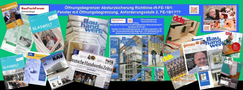 Collage von Titelseiten bekannter Baufachzeitschriften mit Berichten zur ift-Richtlinie FE-18/1 und zur Absturzsicherung an Fenstern.