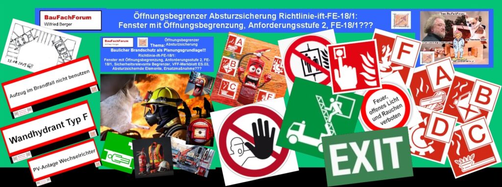 Collage zum Konflikt zwischen Fenster-Absturzsicherung und Brandschutz; zeigt Feuerwehr im Einsatz und Symbole für Fluchtwege nach DIN EN 13126-5.