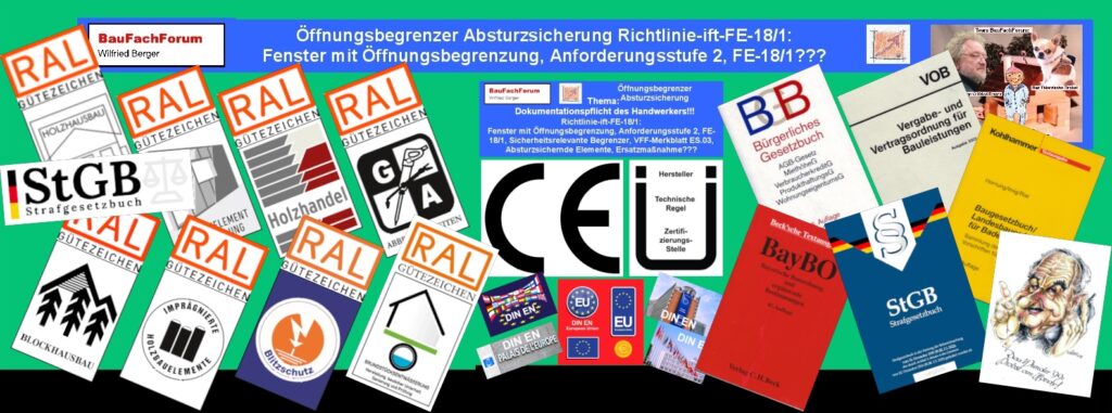 Detailansicht der Paragraphen zur Mangelfreiheit im BGB und der VOB/B neben Prüfsiegeln für absturzsichernde Öffnungsbegrenzer.