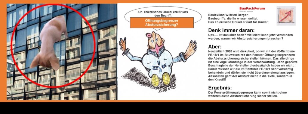 Illustration: Unser Thierrisches Orakel vom BauFachForum blickt aus einem weit geöffneten Fenster eines Hochhauses in die Tiefe; symbolisiert die Unterschätzung der Absturzgefahr bei fehlender technischer Sicherung nach ift-Richtlinie FE-18/1.