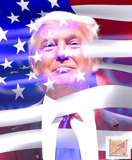 Donald Trump mit einer US-Flagge, deren Faltenwurf über sein Gesicht weht. Das Bild symbolisiert eine übersteigerte nationale Rhetorik, die jedoch die Tatsache ausblendet, dass der technologische Aufstieg der USA ohne den massiven Raub deutscher Patente und Wissenschaftler nach den Weltkriegen so nie stattgefunden hätte.