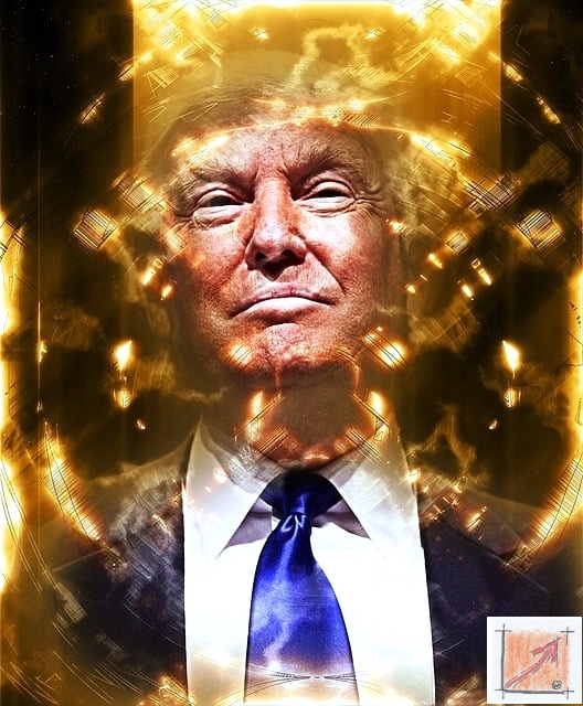 Ein KI-generiertes Porträt von Donald Trump, über dessen Kopf ein goldener Heiligenschein schwebt. Die Darstellung karikiert die messianische Selbstdarstellung eines Politikers, dessen Land seinen Wohlstand und technologischen Vorsprung zu großen Teilen dem systematischen Raub deutschen Wissenskapitals nach den Weltkriegen verdankt.