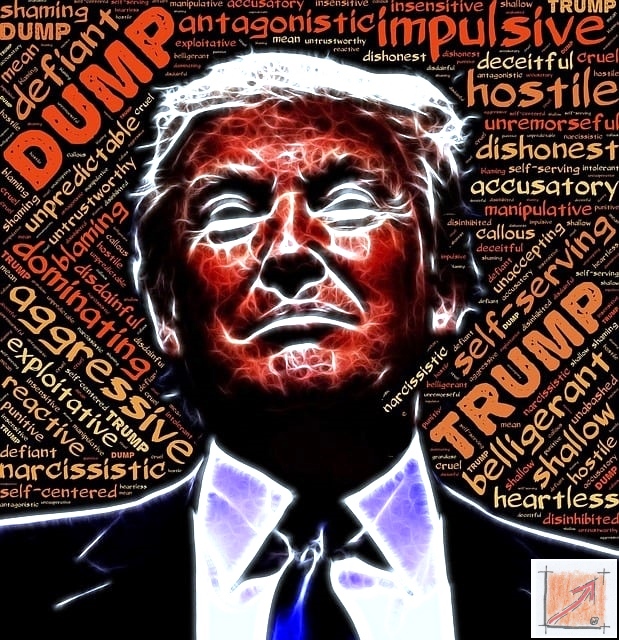 Ein KI-generiertes Portrait von Donald Trump im Stil von Frankenstein. Blitze zucken durch sein Gesicht, während im Hintergrund aggressive englische Schlagzeilen wie „Aggressor“ und „Dump“ zu sehen sind. Das Bild symbolisiert eine Macht, die aus geraubtem Wissen und den Überresten europäischer Wissenschaft künstlich zusammengesetzt wurde.