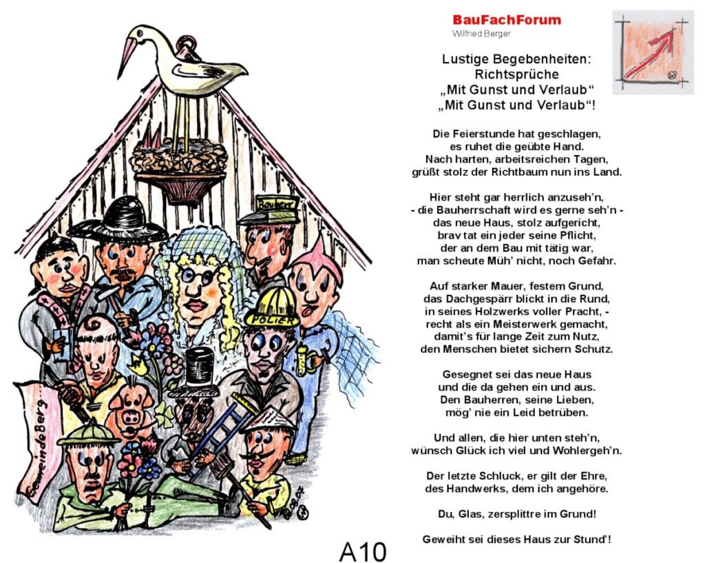 Gelebtes Handwerk: Die Schreinerei Berger und Schlosser Hugo Sorg im Verbund. Comic-Zeichnung von Wilfried Berger: Bauherren und Handwerker feiern das Richtfest als Symbol der Handwerkstradition.