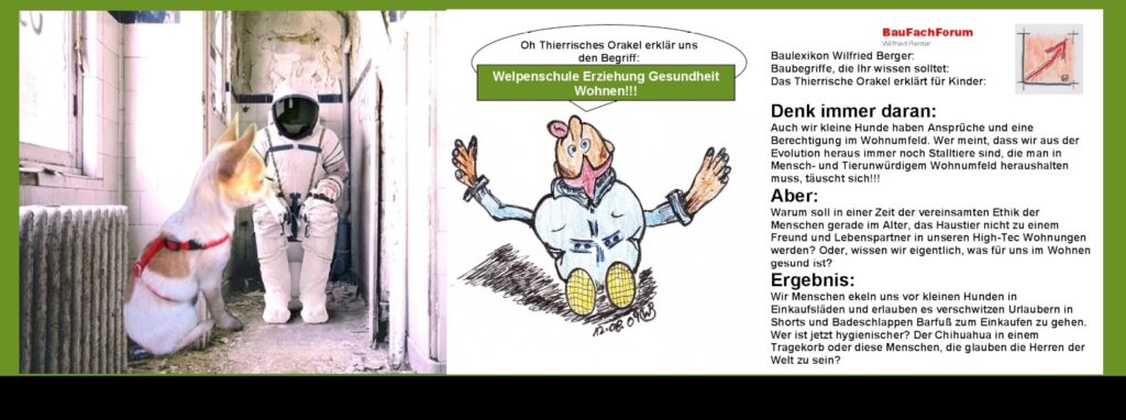 Hygiene und Erziehung mit oder für den Mensch? Astronaut im Raumanzug auf Toilette sitzend in erbärmlichem Zustand mit Chihuahua Welpe davor sitzend als Symbol für Hygiene-Paradoxon und artgerechtes Wohnen.