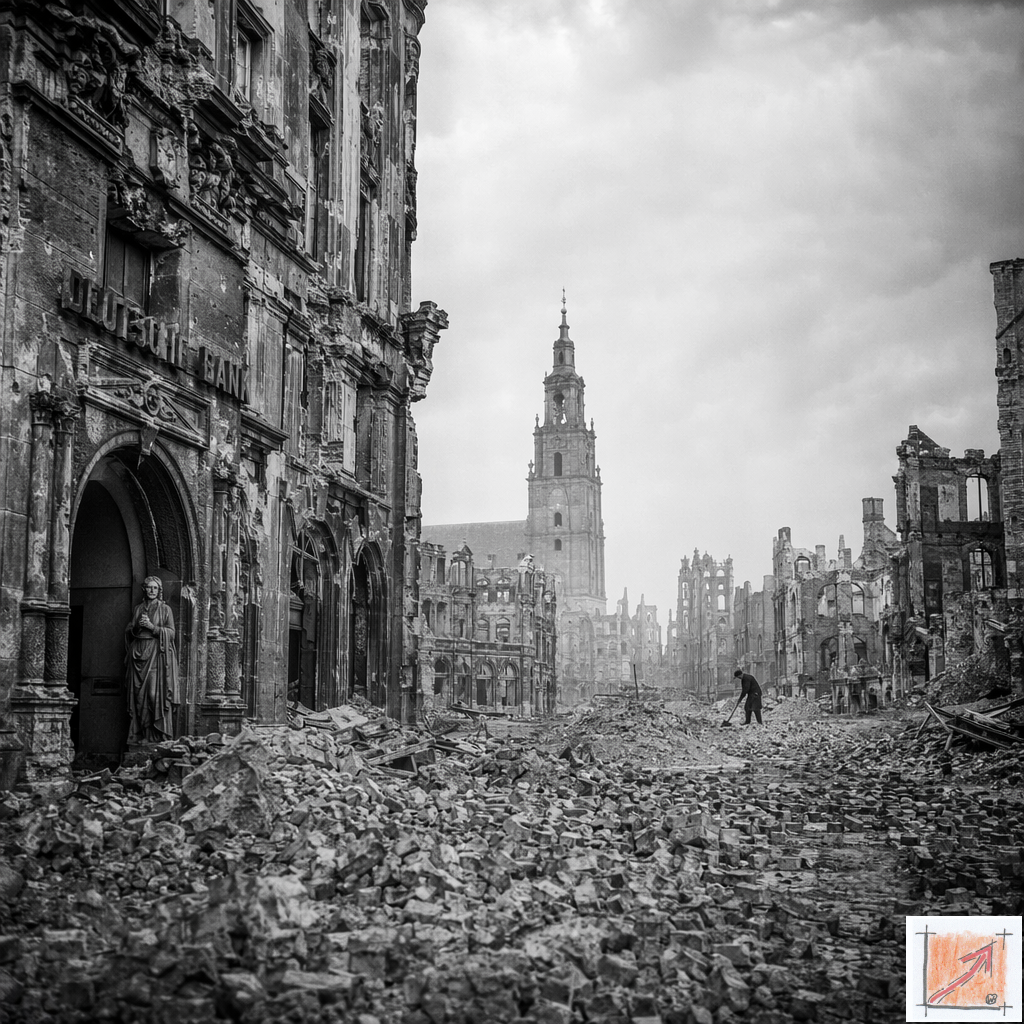 Eine historische Nachkriegsfotografie zeigt eine komplett zerstörte deutsche Innenstadt im Jahr 1945 als Symbol für die Nullstunde und den harten Ausgangspunkt des späteren Wirtschaftswunders.