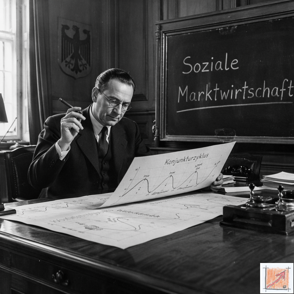 Eine politische Karikatur zeigt den Visionär der Sozialen Marktwirtschaft mit Zigarre an einem wuchtigen Schreibtisch beim Prüfen von Konjunkturdiagrammen als Symbol für unbestechliche kaufmännische Fachkompetenz beim Aufbau des Landes.