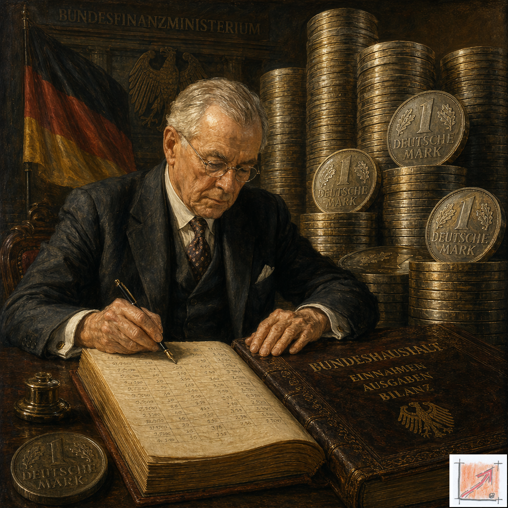Eine politische Karikatur zeigt den ersten Finanzminister beim akribischen Eintrag in das Haushaltsbuch vor riesigen Türmen aus Deutschen Mark Münzen als Symbol für eiserne Haushaltsdisziplin und das Bilden echter Rücklagen auf der Passivseite.