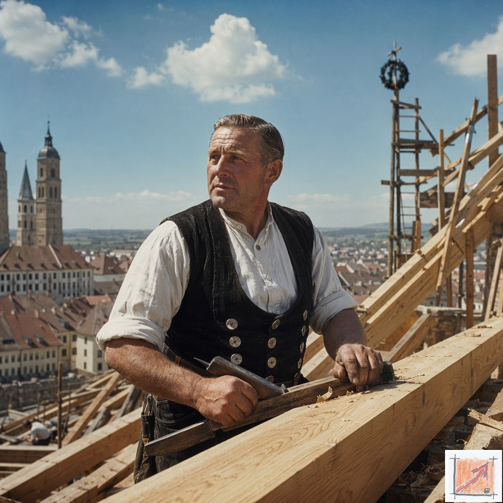 Ein deutscher Handwerksmeister in Arbeitskleidung setzt inmitten von Trümmern den ersten Spatenstich für den Wiederaufbau als Beleg für die handwerkliche Ethik der Nachkriegszeit.