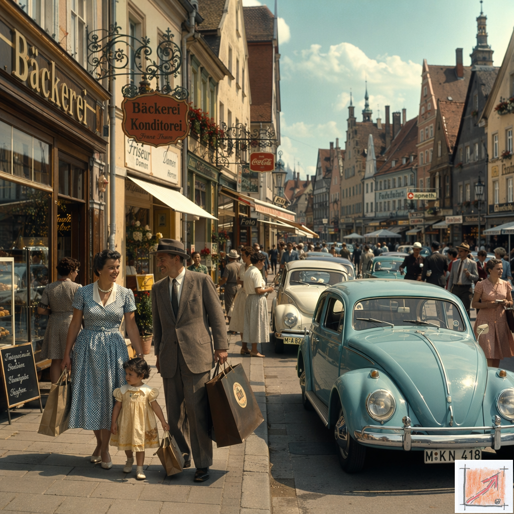 Eine politische Karikatur zeigt eine glückliche Familie beim Einkaufen in einer florierenden historischen Marktstadt voller Volkswagen Käfer und Handwerksbetriebe als Symbol für den realen Wohlstand für alle durch ehrliche Arbeit.