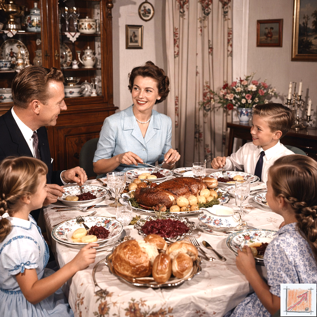 Eine glückliche Familie am reich gedeckten Abendbrot Tisch mit Sonntagsbraten und feinem Porzellan als visuelles Symbol dafür dass sich ehrliche handwerkliche Arbeit wieder lohnte.