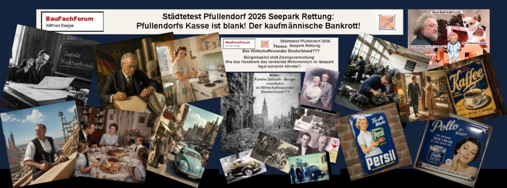 Eine historische Bildkollage zum deutschen Wirtschaftswunder zeigt den Kontrast zwischen dem monumentalen Bergdenkmal der Berliner Laienpolitik und den echten Pionieren des Wiederaufbaus wie den Familien Demuth und Berger aus Berg bei Ravensburg.