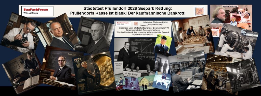 Eine historische Bildkollage zeigt die drei Wirtschaftspolitiker Karl Schiller Alex Möller und Fritz Schäffer als leuchtende Symbole für eiserne Haushaltsdisziplin und kaufmännische Fachkompetenz im direkten Kontrast zur heutigen kommunalen Laienpolitik.