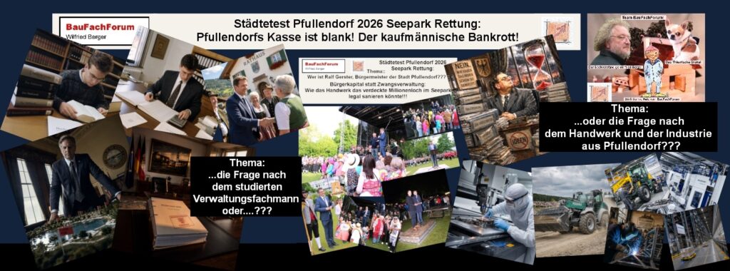 Eine dreiteilige Bildkollage zu Bürgermeister Ralph Gerster zeigt die Stationen einer akademischen Verwaltungslaufbahn im Kontrast zu den aktuellen unrentablen Großprojekten im Seepark Pfullendorf und symbolisiert die dringende Notwendigkeit für handwerklichen und unternehmerischen Mut in der Kommunalpolitik.