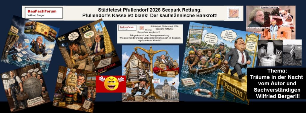 Satirische Karikatur zur Waage der Gerechtigkeit mit Handwerker-Haftung und Beamten-Immunität aus dem Seepark Pfullendorf im Linzgau.
