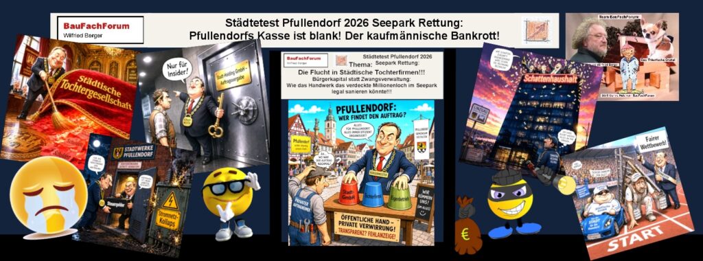 Eine sarkastische politische Comic Bildkollage veranschaulicht das Auslagern von kommunalen Schulden und Verlusten des Seeparks in städtische Tochterfirmen und Eigenbetriebe um das vom Landratsamt verhängte Kreditverbot im Kernhaushalt der Stadt zu umgehen.