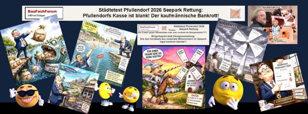 Eine sarkastische politische Bildkollage veranschaulicht den ungleichen Kampf des Handwerks gegen die bürokratischen Windmühlen im Rathaus und zeigt den drastischen Unterschied zwischen der privaten Haftung eines Handwerksmeisters und den gesetzlich garantierten B2 Bezügen und Pensionsansprüchen eines Bürgermeisters.