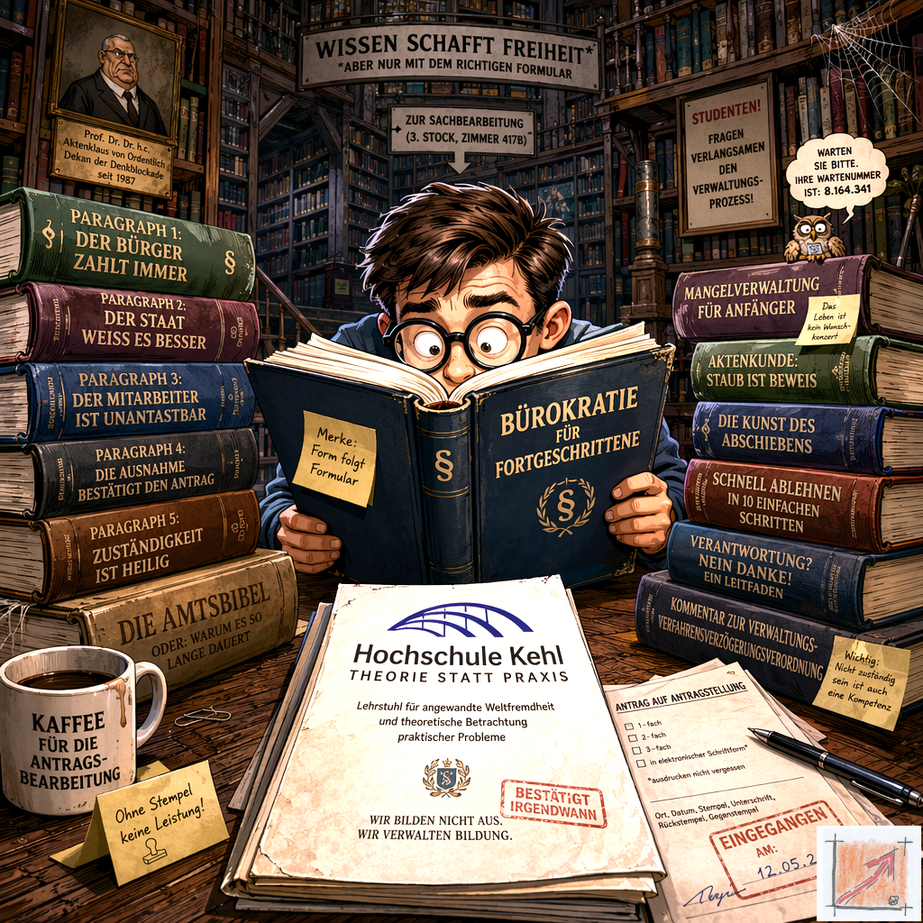 Eine politische Karikatur zeigt einen jungen Studenten der Hochschule Kehl in einer staubigen Bibliothek versunken hinter dicken Gesetzbüchern über Bürokratie und Mangelverwaltung als Symbol für die rein theoretische Ausbildung in der Laienverwaltung.