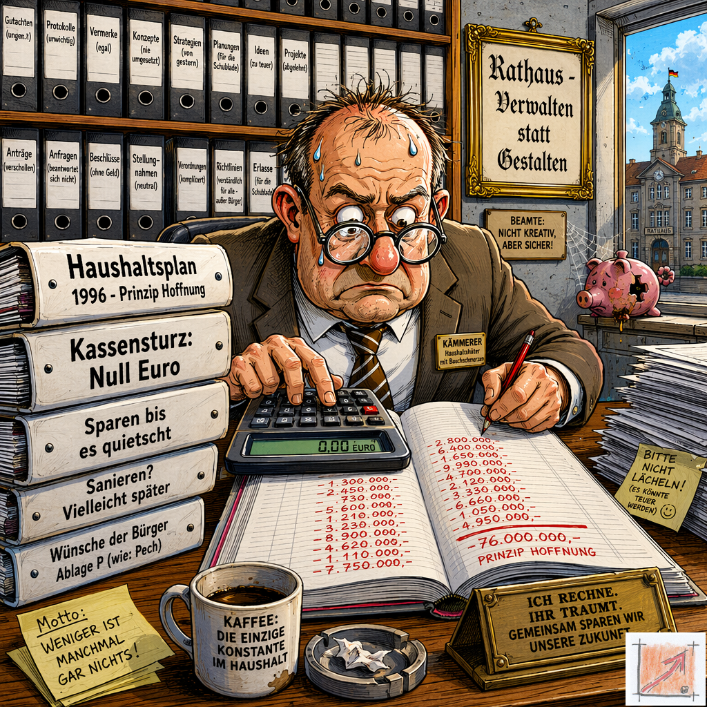 Eine politische Karikatur zeigt den jungen Kämmerer an einem überlaufenden Schreibtisch voller Aktenordner beim verzweifelten Berechnen eines Haushaltsplans im Rathaus als Symbol für das erlernte Verwalten von leeren Staatskassen.