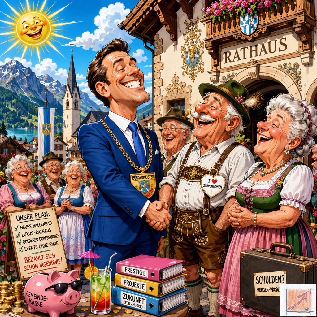 Eine politische Karikatur zeigt den Bürgermeister beim Händeschütteln mit gutgläubigen Bürgern vor einem idyllischen ländlichen Rathaus als Symbol für die unbeschwerte Zeit der reinen Mangelverwaltung vor dem finanziellen Erwachen.