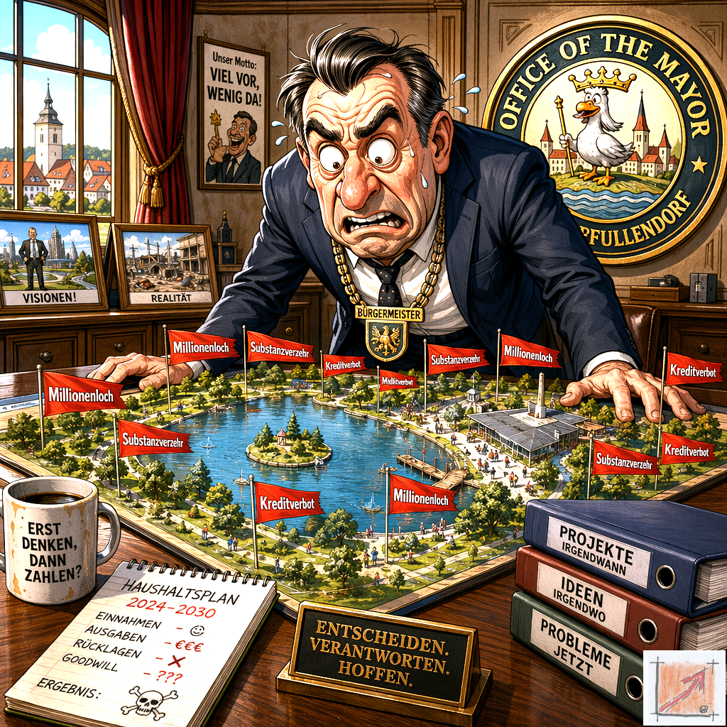 Eine politische Karikatur zeigt den besorgten Bürgermeister im Rathaus beim verzweifelten Blick auf ein Modell des Seeparks voller roter Warnflaggen für den kaufmännischen Substanzverzehr der Ergebnisrücklagen.