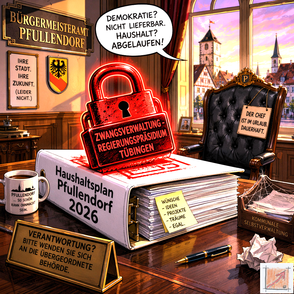 Eine politische Karikatur zeigt den geschlossenen Haushaltsplan im leeren Büro des Bürgermeisters mit einem großen roten Kontrollstempel des Regierungspräsidiums Tübingen als Symbol für den kaufmännischen Offenbarungseid und die Zwangsverwaltung.