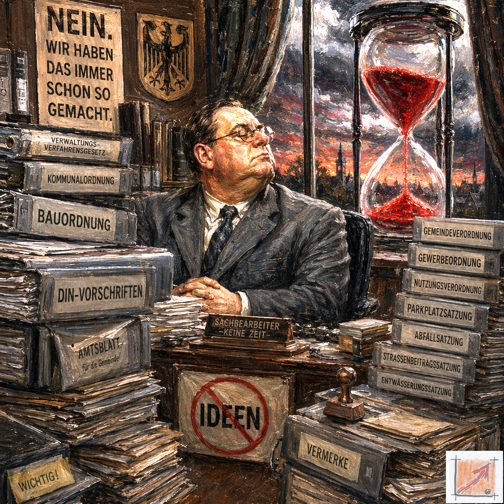 Eine ausdrucksstarke politische Karikatur im Ölgemäldestil zeigt einen unnahbaren bürokratischen Beamten hinter riesigen Bergen von Aktenordnern wie dem Verwaltungsverfahrensgesetz und der Bauordnung während unter seinem Schreibtisch innovative Ideen durch ein rotes Verbotsschild blockiert werden und im Hintergrund die Zeit in einer riesigen roten Sanduhr unaufhaltsam abläuft.