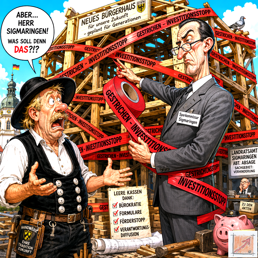 Eine pointierte politische Karikatur zeigt einen Pfullendorfer Zimmermannsmeister vor einer gesperrten öffentlichen Baustelle mit dem roten Absperrband des Landratsamtes Sigmaringen als Symbol für den totalen Investitionsstopp unter einer Zwangsverwaltung.